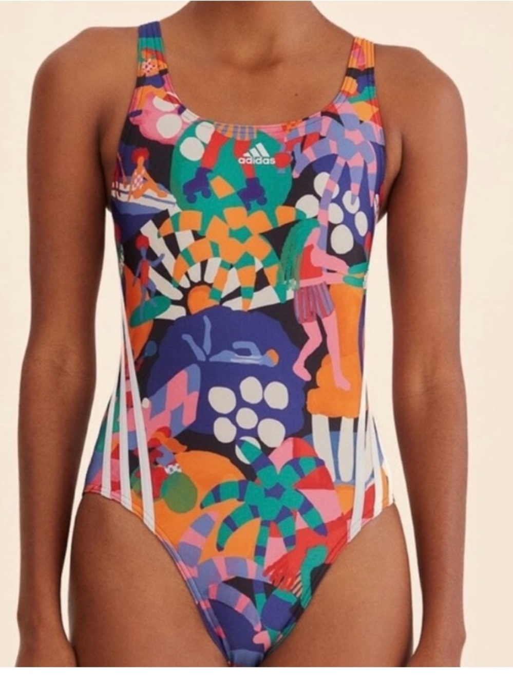 Adidas X Farm Swimsuit, Cream White/Pulse Ma Print, Size: 16